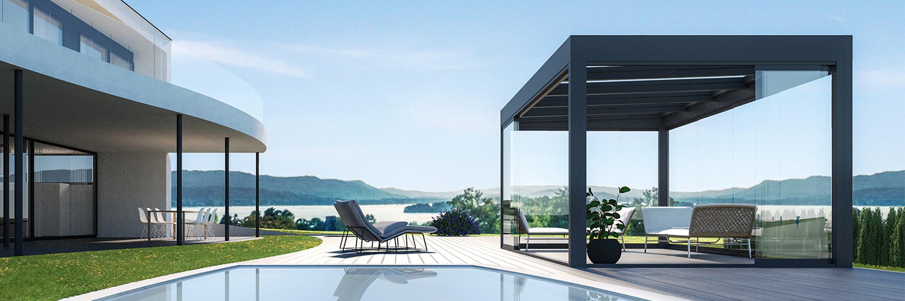 Slider Hawaii 40 CUBO Terrassendach Glasdach Terrassenverglasung Terrassenüberdachung Modern Pergola Glascubus Freistehend überdachung